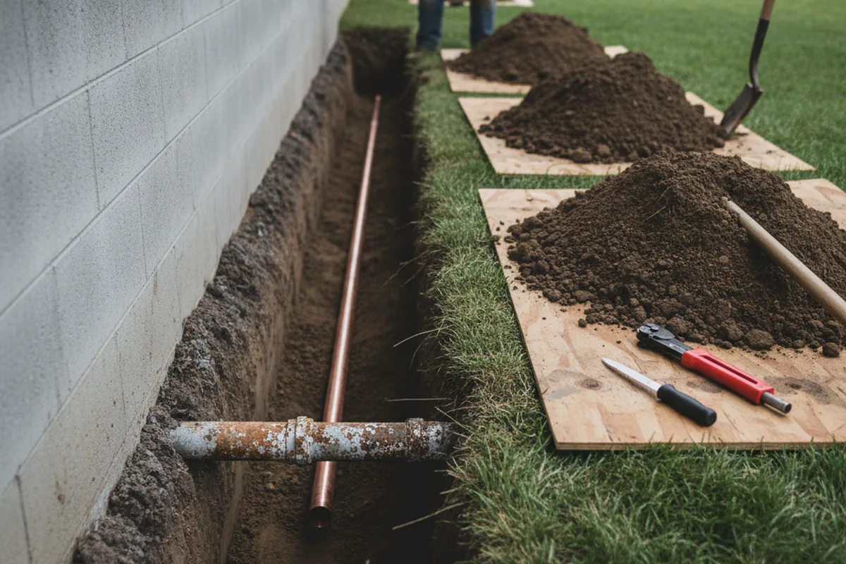 Excavated water line trench during Sewer Line Repair in Frankford